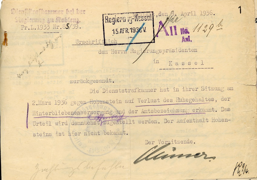Bild zum Dokument Mitteilung der Dienststrafkammer Koblenz an den Regierungspäsi