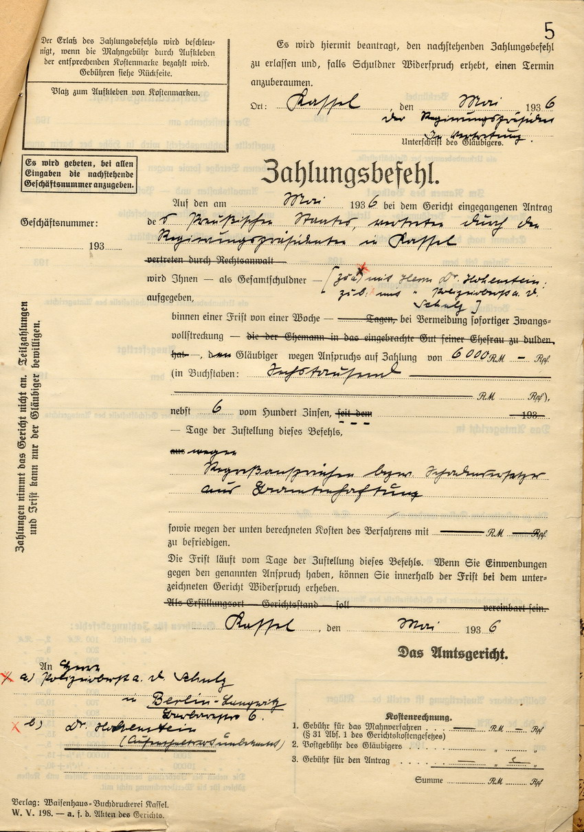 Bild zum Dokument Zahlungsbefehl an den Polizeipräsidenten a. D. Hohenstein und