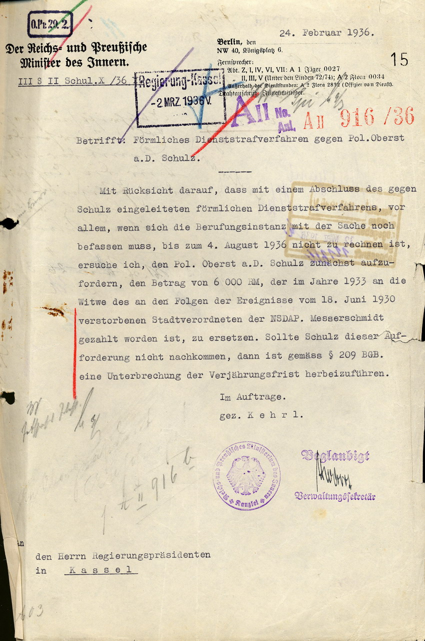 Bild zum Dokument Zahlungsaufforderung an den Polizei-Oberstleutnant a. D. Schul