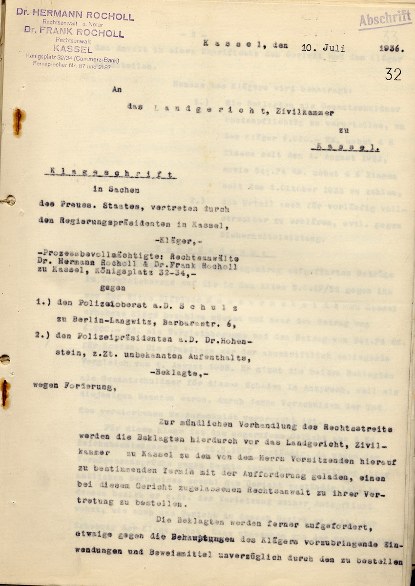Bild zum Dokument Anwaltskanzlei Rocholl: Klageschrift an das Landgericht Kassel