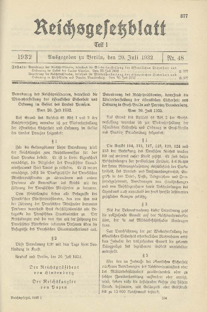 Bild zum Dokument Verordnung des Reichspräsidenten, betr. die Wiederherstellung