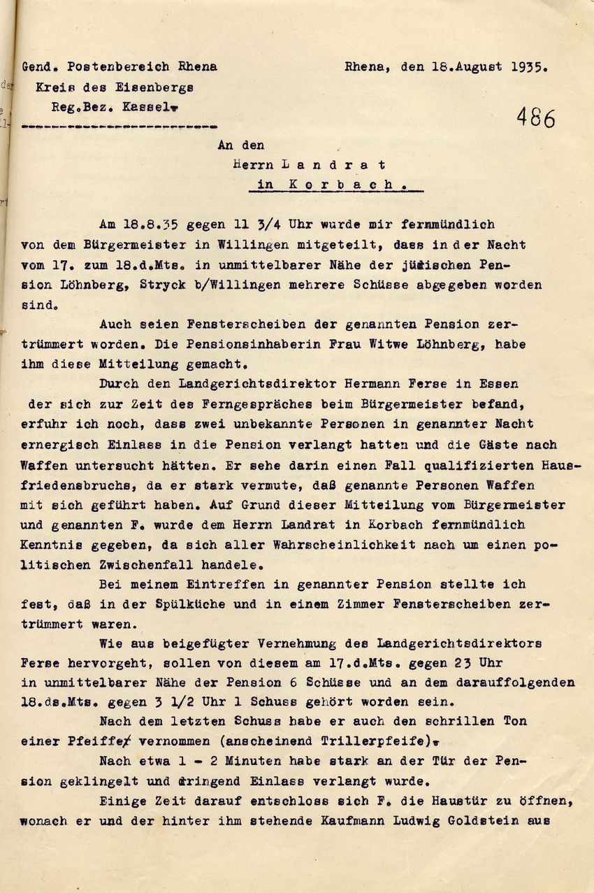 Bericht Jentsch (1) Bild zum Dokument Meldung der Gendarmerie an den Landrat zu der Ruhestörung und