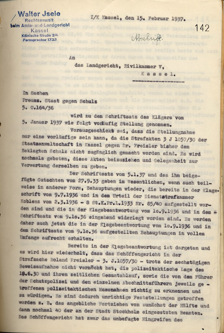 Bild zum Dokument Rechtsanwalt Isele: Erwiderung auf den Schriftsatz der Anwalts