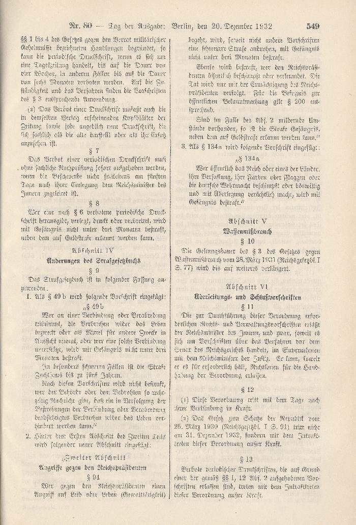 Bild zum Dokument Verordnung des Reichspräsidenten zur Erhaltung des inneren Fri