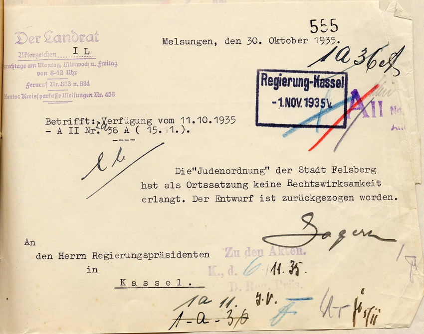 Stellungnahme Landrat Bild zum Dokument Stellungnahme des Landrates zu der "Judenordnung" von Felsberg