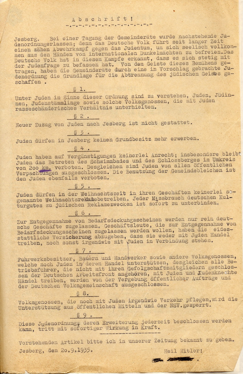 "Judenordnung" Jesberg Bild zum Dokument "Judenordnung" der Stadt Jesberg, Jesberg, den 20. September 1
