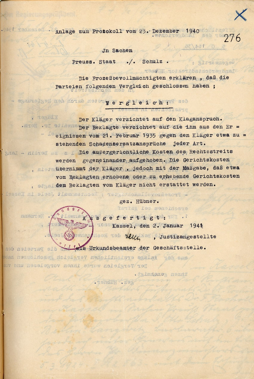 Bild zum Dokument Vergleichsurkunde des Landgerichts, Kassel, den 2. Januar 1941