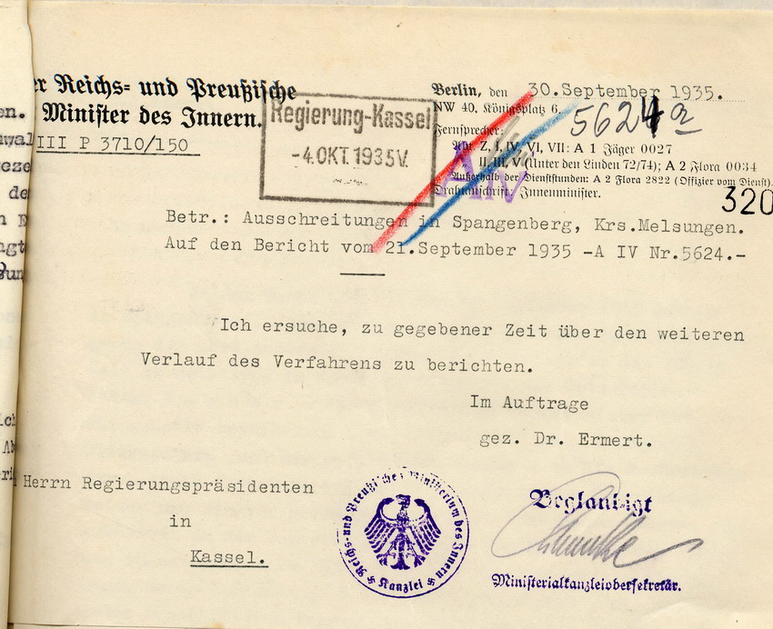 Anschreiben Bild zum Dokument Ausführlicher Bericht der Staatspolizeistelle Kassel über die