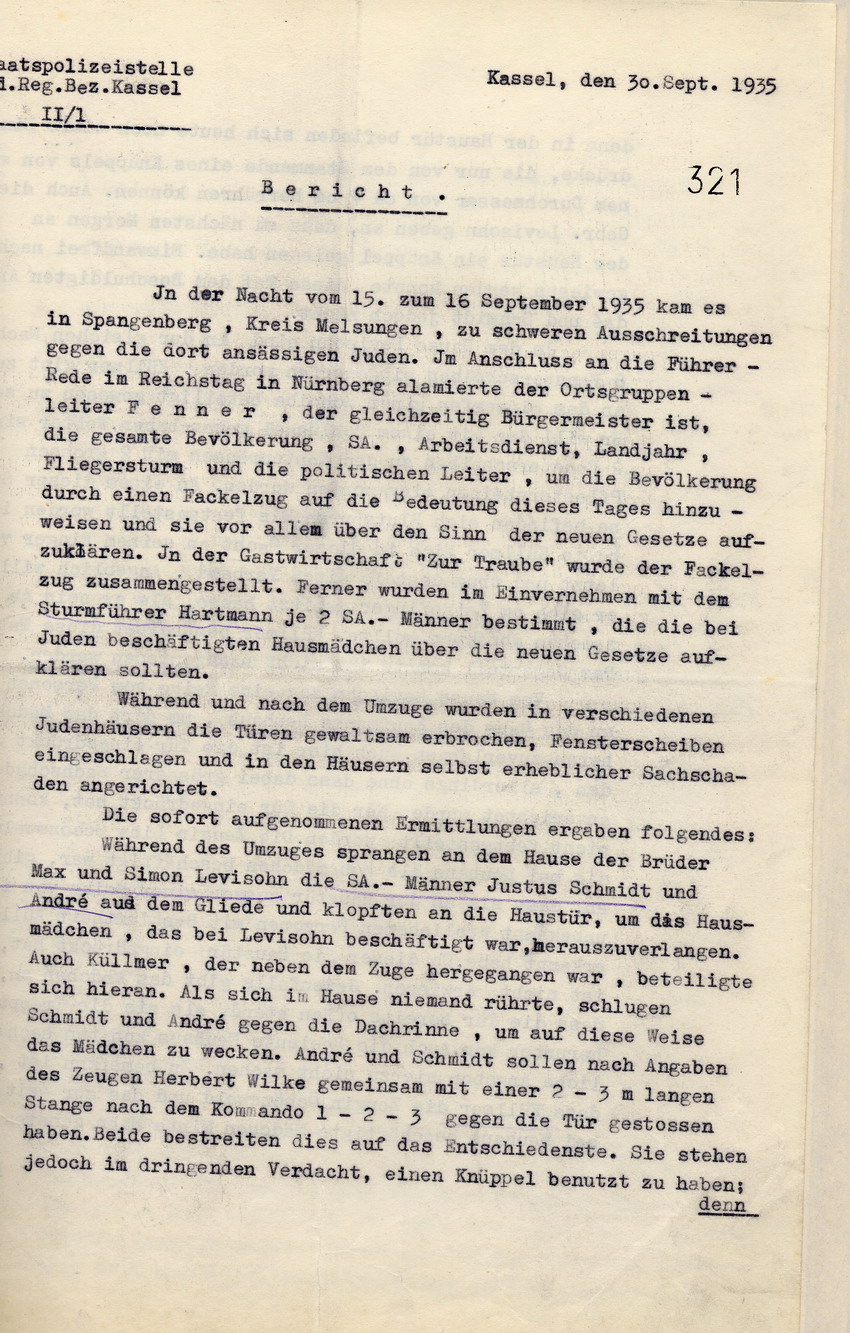 Bericht Staatspolizei (1) Bild zum Dokument Ausführlicher Bericht der Staatspolizeistelle Kassel über die