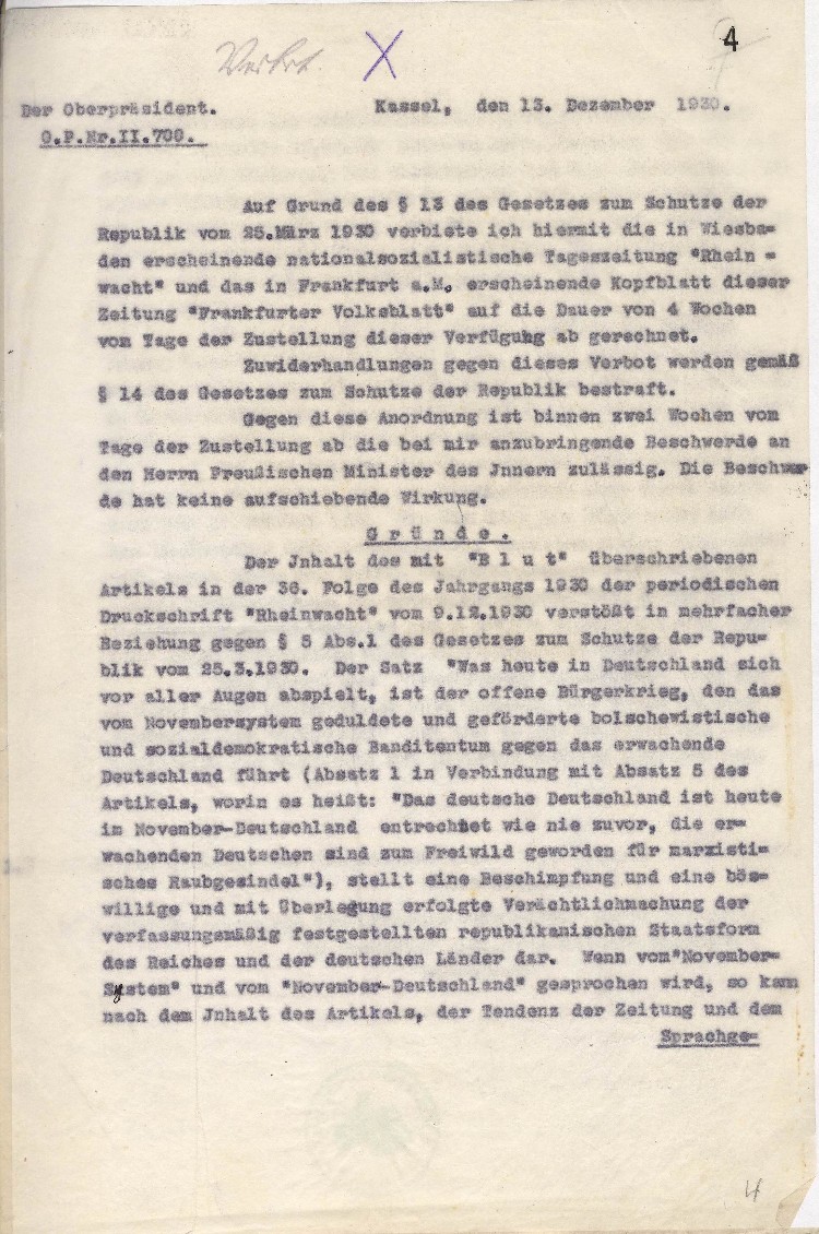 Verfügung an die Verleger der nationalsozialistischen Tageszeitungen „Rheinwacht“, Wiesbaden und des „Frankfurter Volksblatts“, Frankfurt betr. Verbot der Zeitungen