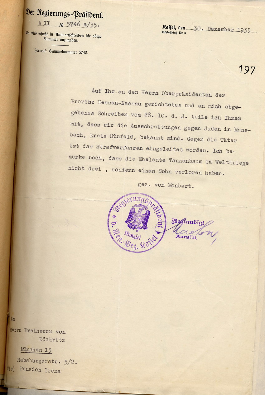 Antwort Regierungspräsident Bild zum Dokument Antwort des Regierungspräsidenten an den Freiherrn von Köckrit