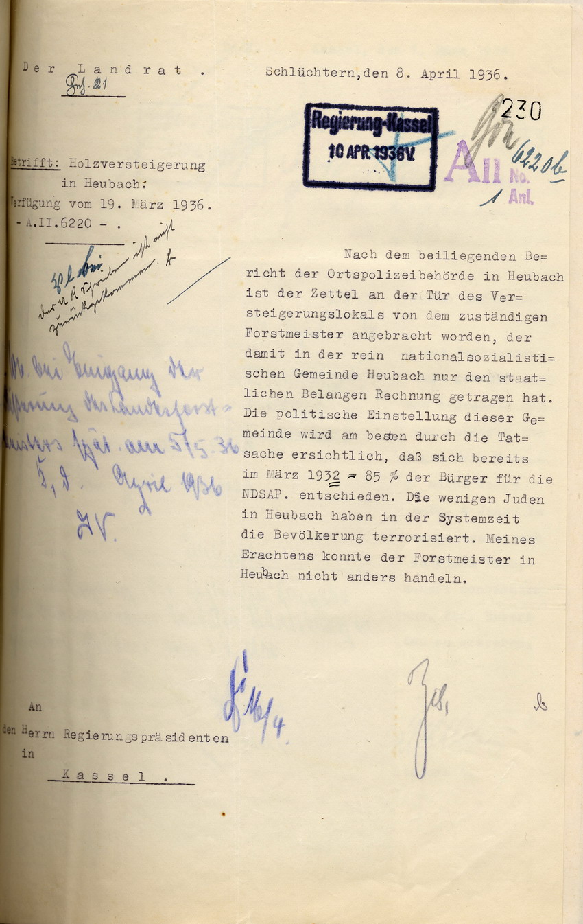 Mitteilung Landrat Bild zum Dokument Mitteilung des Landrates zu der Beschwerde, dass jüdischen Ein