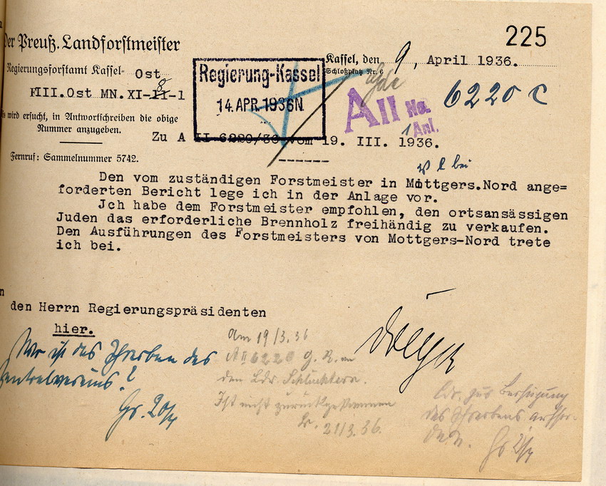 Anschreiben Landesforstmeister Bild zum Dokument Stellungnahme des Försters zu der Beschwerde, dass jüdischen E