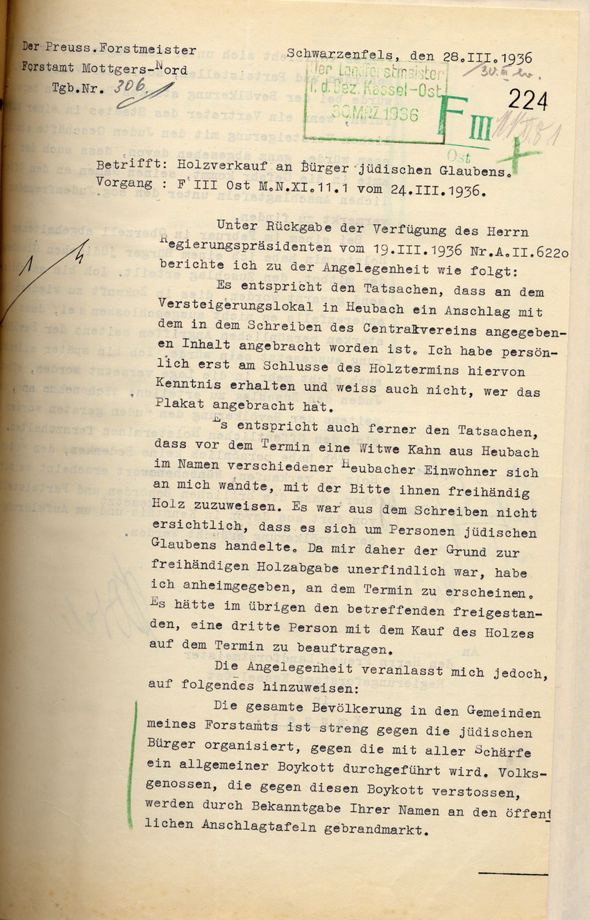 Stellungnahme Förster (1) Bild zum Dokument Stellungnahme des Försters zu der Beschwerde, dass jüdischen E
