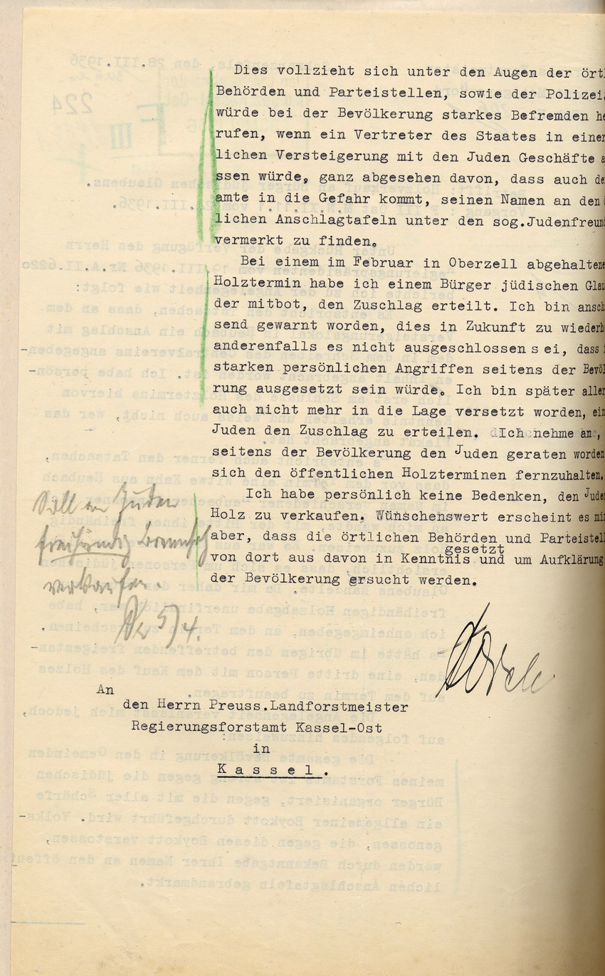 Stellungnahme Förster (2) Bild zum Dokument Stellungnahme des Försters zu der Beschwerde, dass jüdischen E