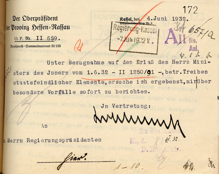 Bitte Oberpräsident Bild zum Dokument Bitte des Oberpräsidenten von Hessen-Nassau um Berichterstattu