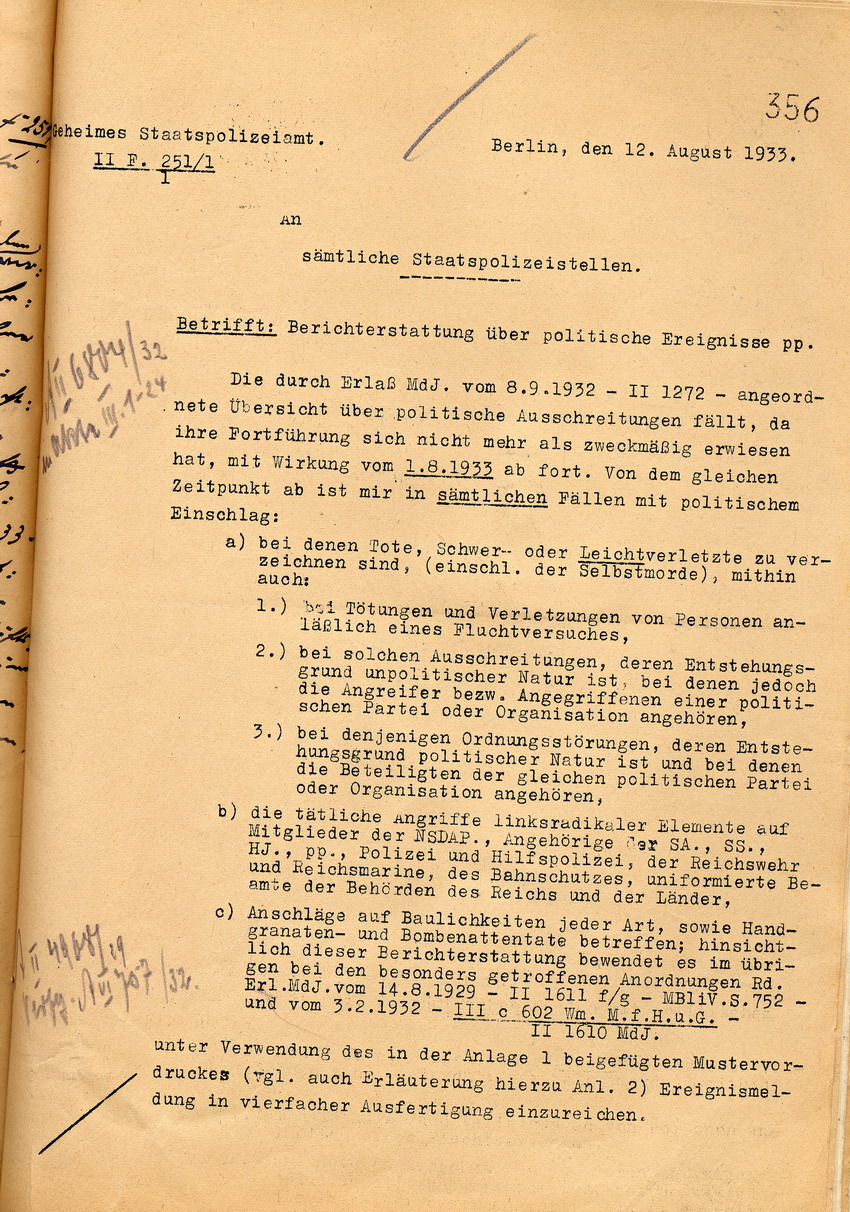 Anordnung (2) Bild zum Dokument Anordnung des Geheimen Staatspolizeiamtes zur Berichterstattun