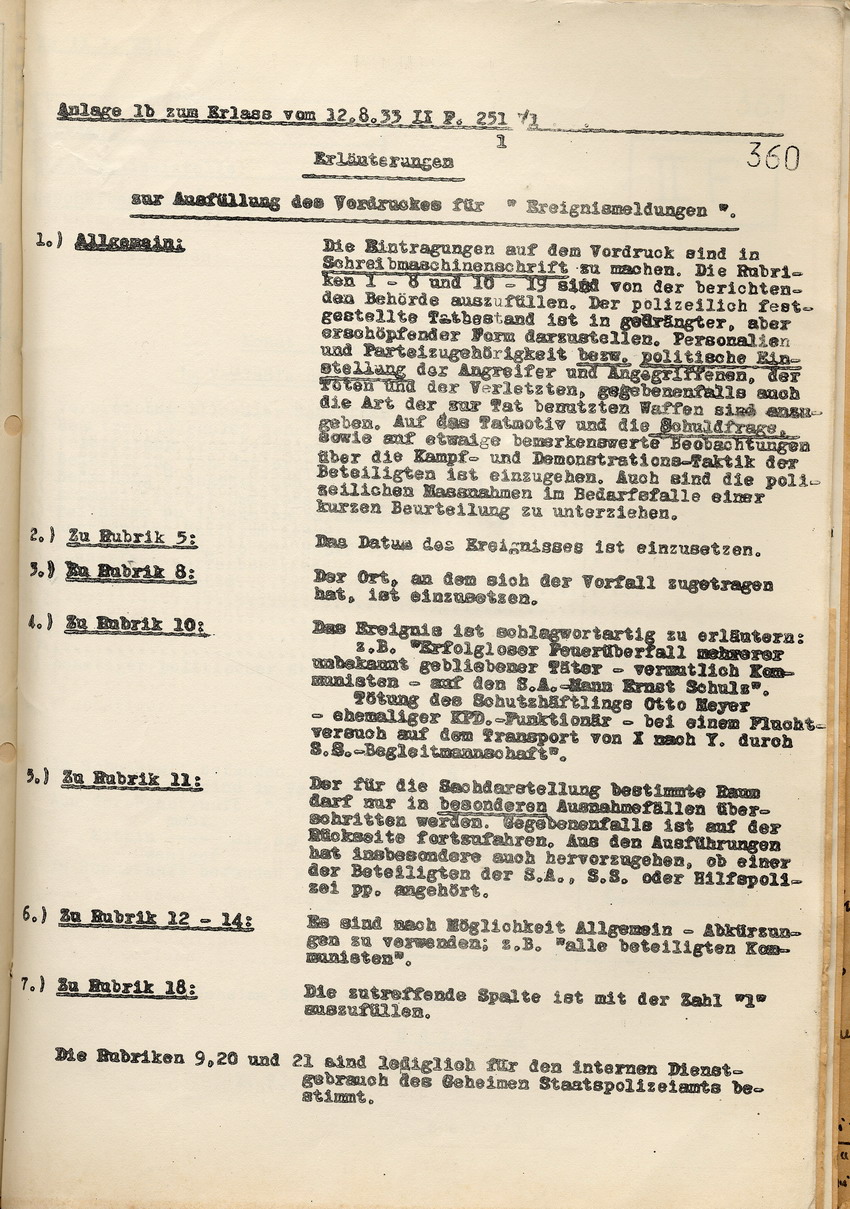 Erläuterung Ereignismeldung Bild zum Dokument Anlagen zu der Anordnung des Geheimen Staatspolizeiamtes zur B