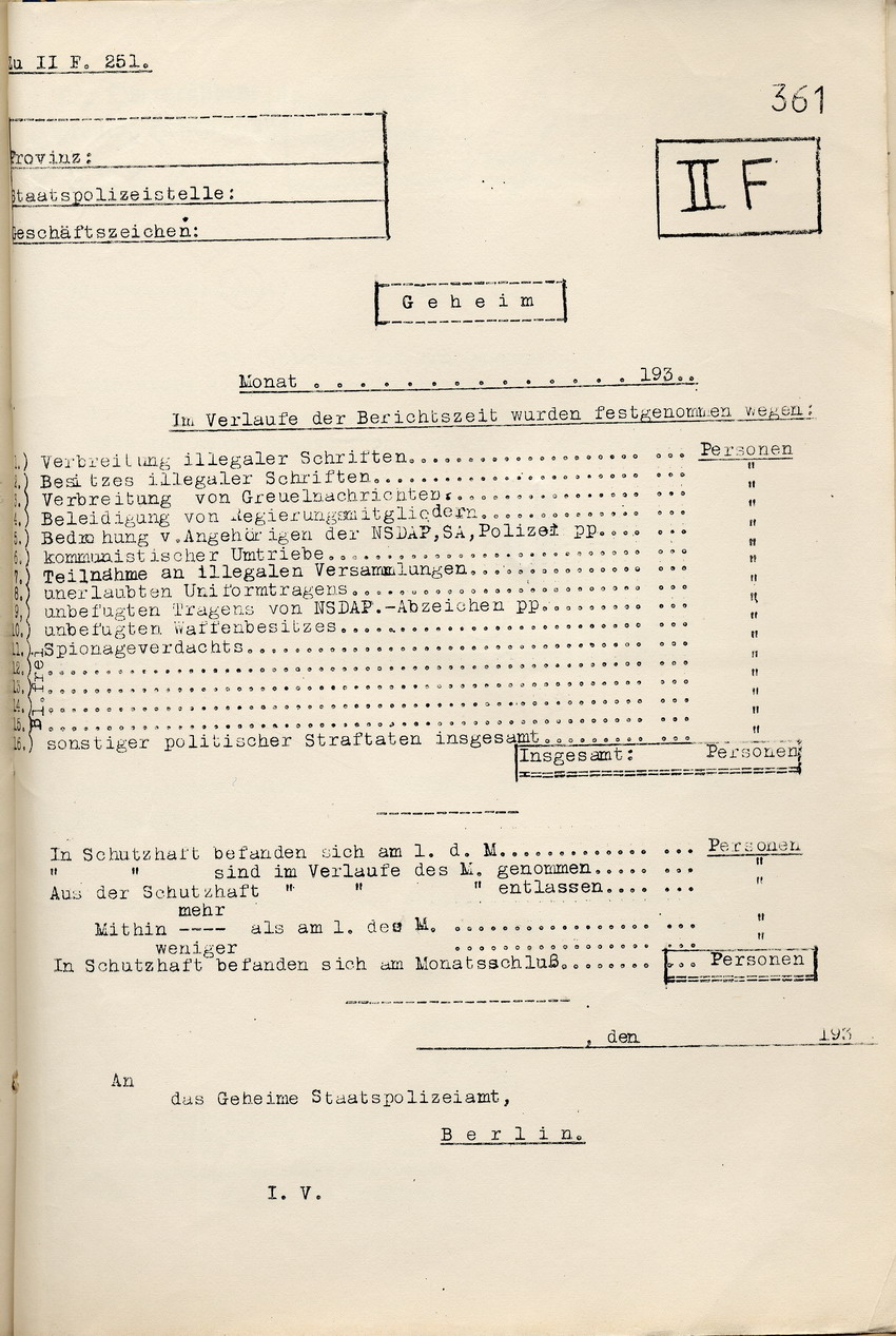 Vordruck Nachweisung Festnahmen Bild zum Dokument Anlagen zu der Anordnung des Geheimen Staatspolizeiamtes zur B