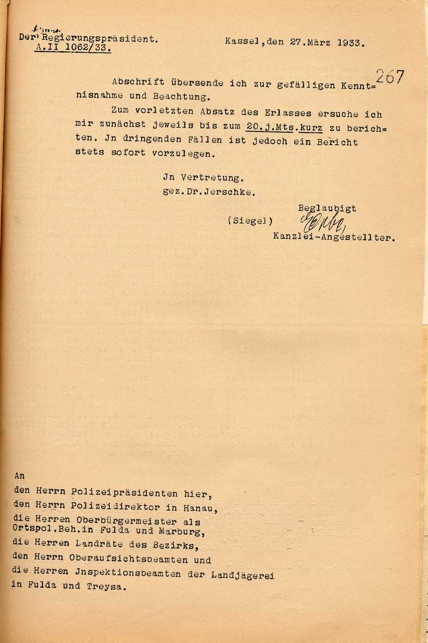 Weitergabe (1) Bild zum Dokument Weitergabe der Anordnung des Oberpräsidenten von Hessen-Nassa