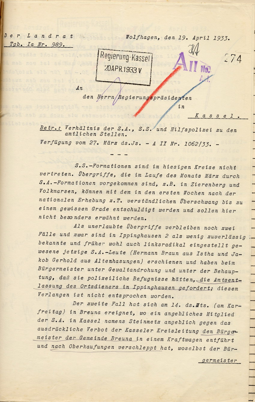 Bericht (1) Bild zum Dokument Bericht des Landrates über das Verhältnis der SA, SS und der H