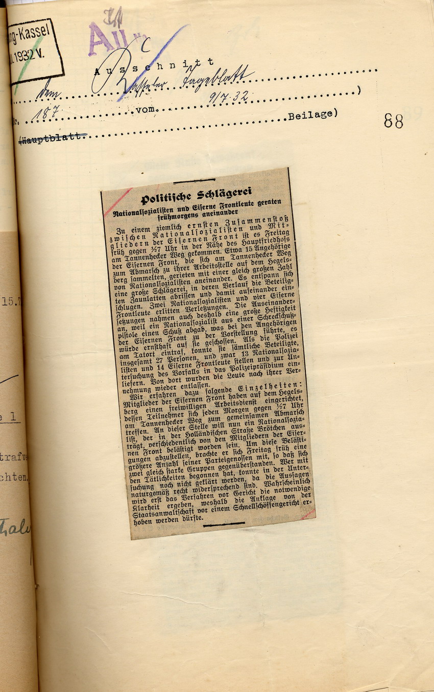 Kasseler Volksblatt Nr. 187 Bild zum Dokument Zeitungsartikel des Kasseler Volksblattes "Politische Schläger