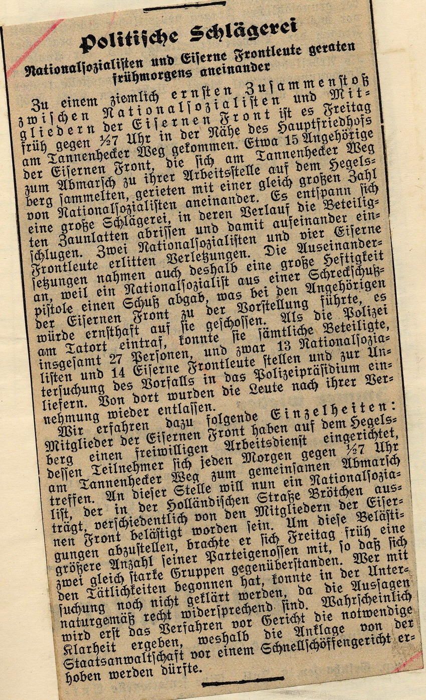 Ausschnitt Kasseler Volksblatt Nr. 187 Bild zum Dokument Zeitungsartikel des Kasseler Volksblattes "Politische Schläger
