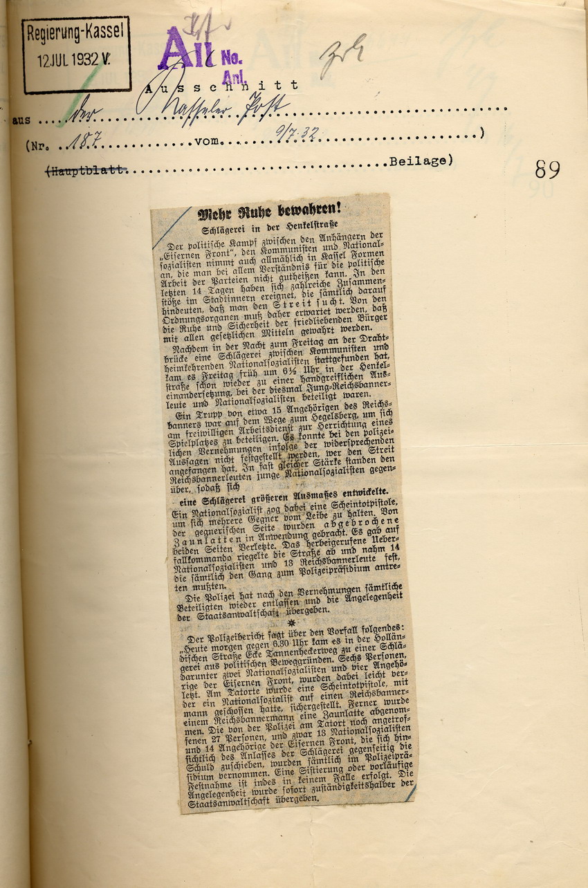 Kasseler Post Nr. 187 Bild zum Dokument Zeitungsartikel der Kasseler Post "Mehr Ruhe bewahren! Schläge