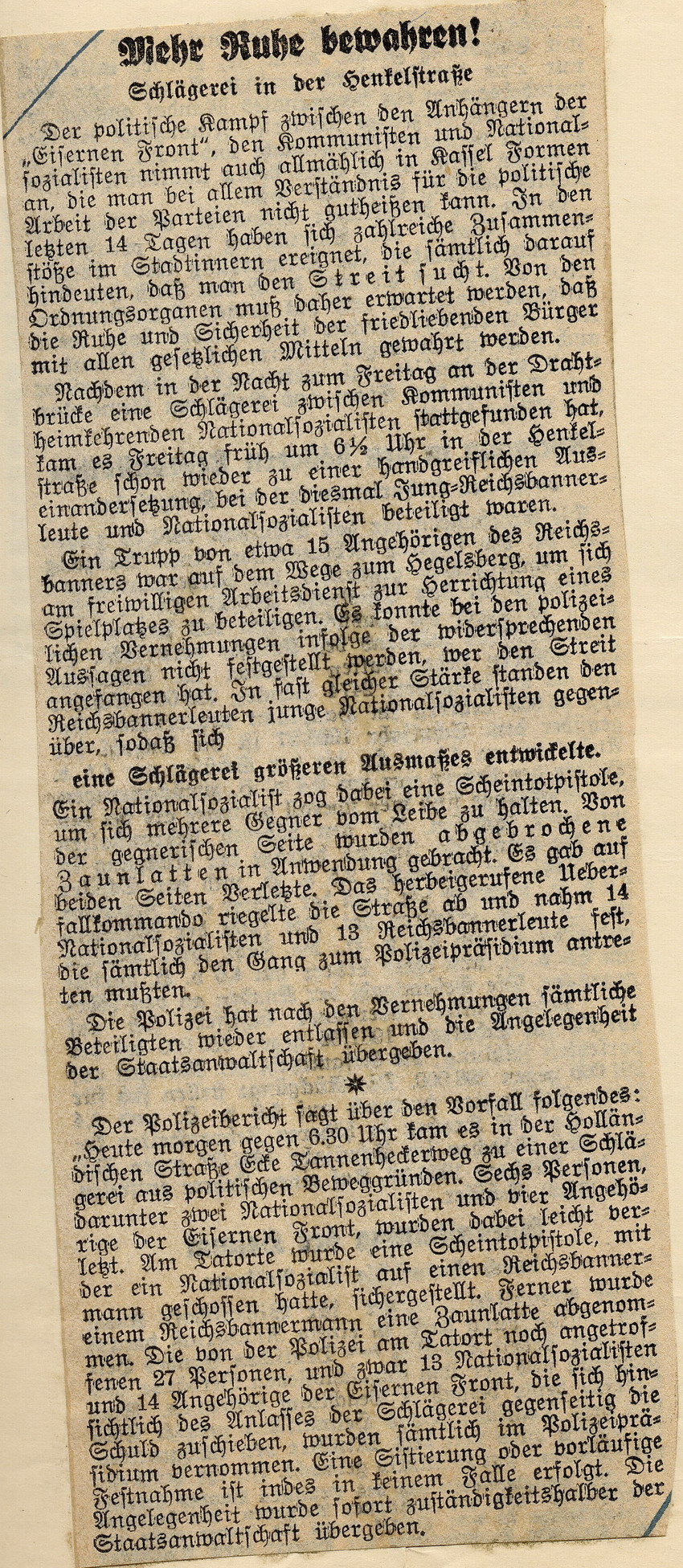 Ausschnitt Kasseler Post Nr. 187 Bild zum Dokument Zeitungsartikel der Kasseler Post "Mehr Ruhe bewahren! Schläge