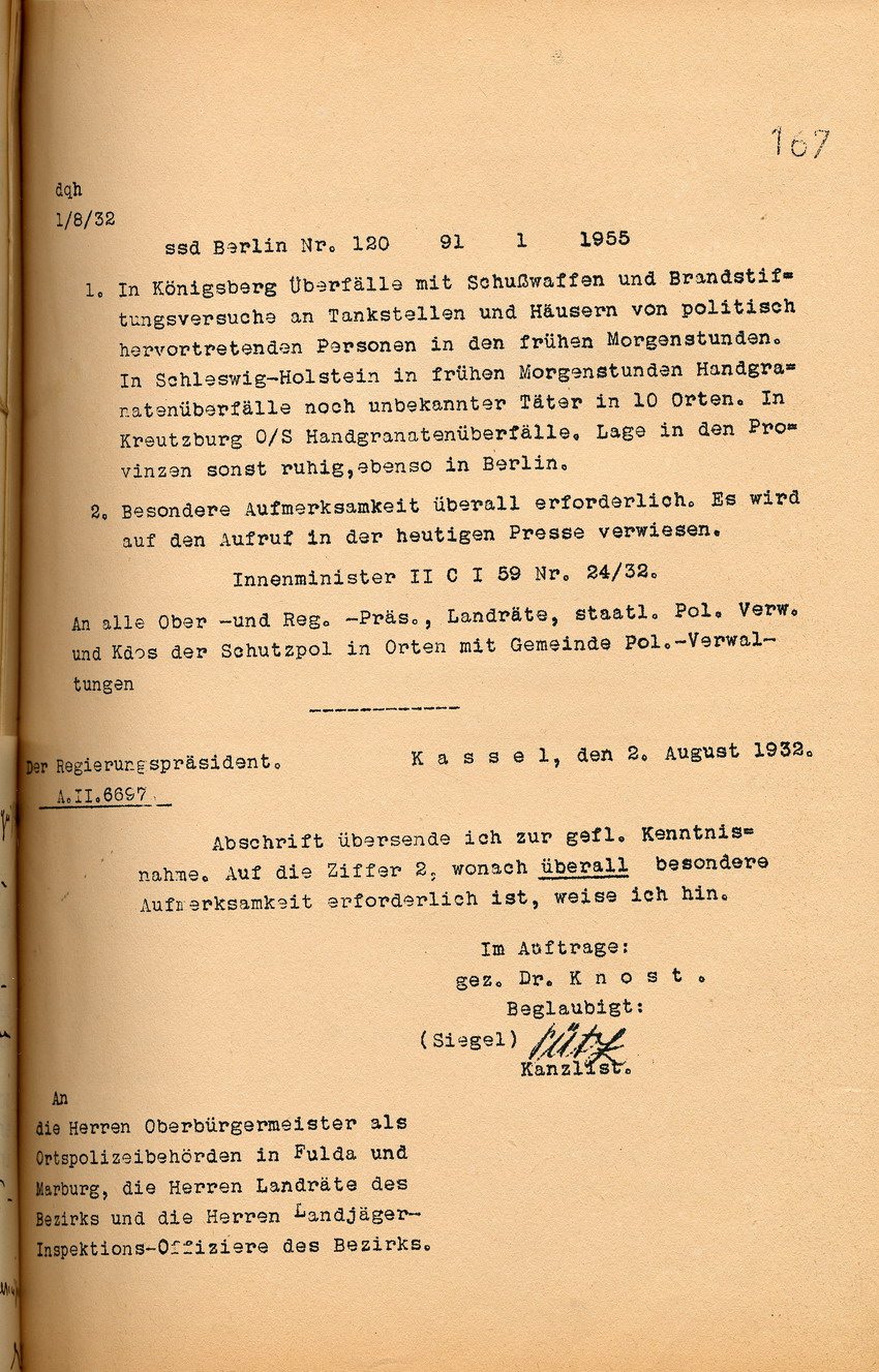 Aufforderung (1) Bild zum Dokument Aufforderung des Innenministers zu besonderer Aufmerksamkeit a