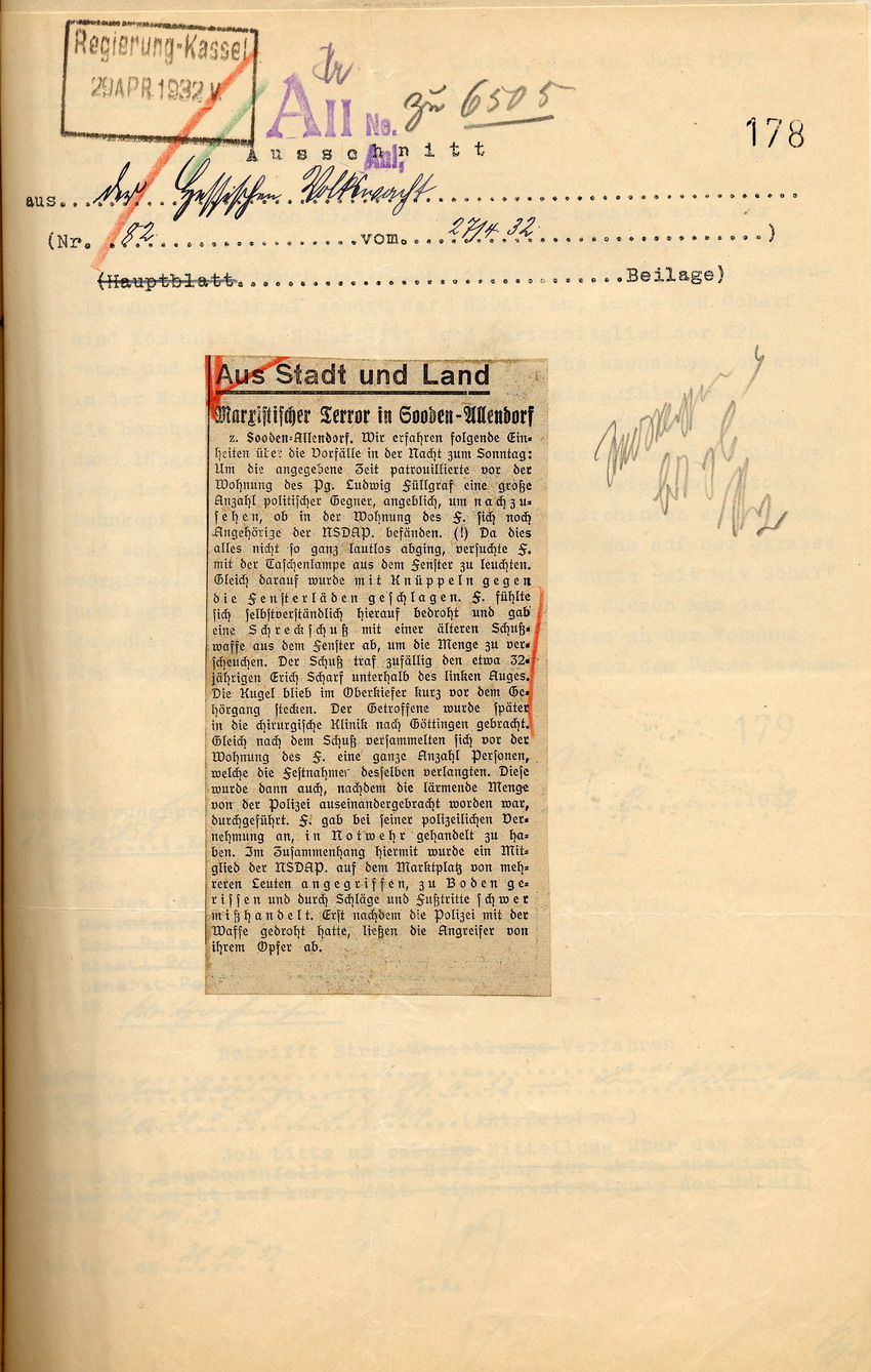Hessische Volkswacht Nr. 82 Bild zum Dokument Zeitungsartikel der Hessischen Volkswacht "Marxistischer Terro