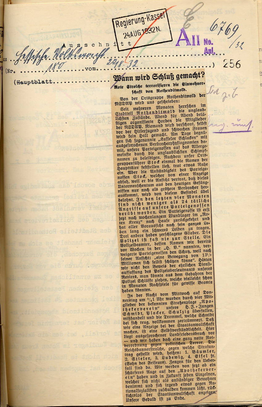 Hessische Volkswacht Nr. 180 Bild zum Dokument Zeitungsartikel aus der Hessischen Volkswacht "Wann wird Schlu