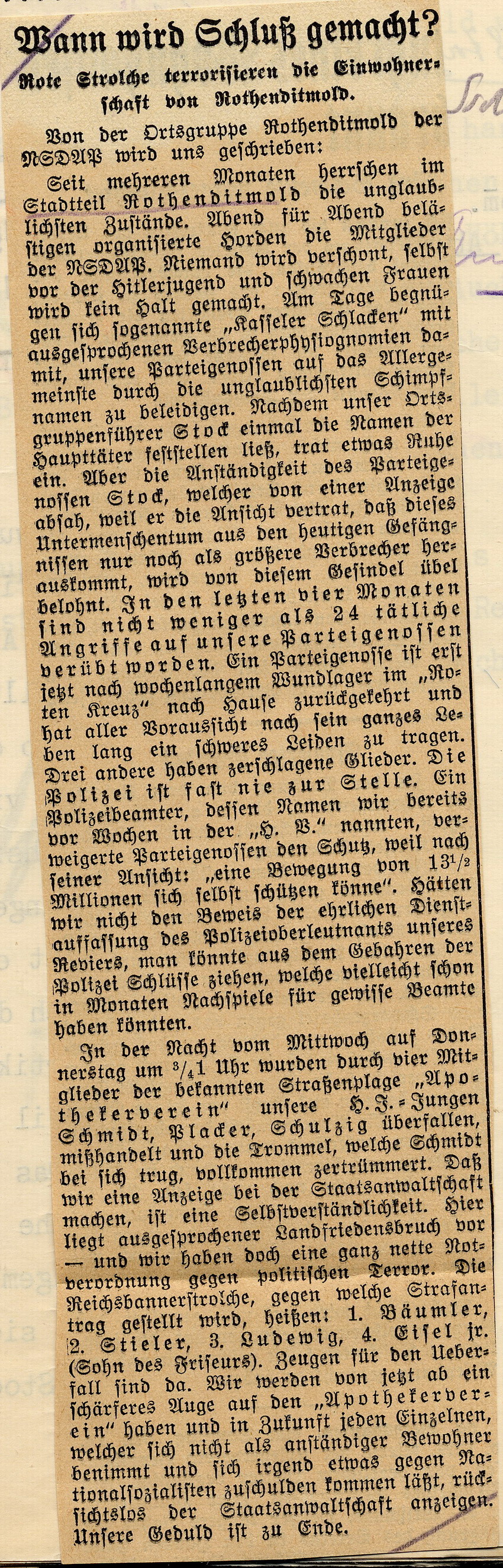 Ausschnitt Hessische Volkswacht Nr. 180 Bild zum Dokument Zeitungsartikel aus der Hessischen Volkswacht "Wann wird Schlu