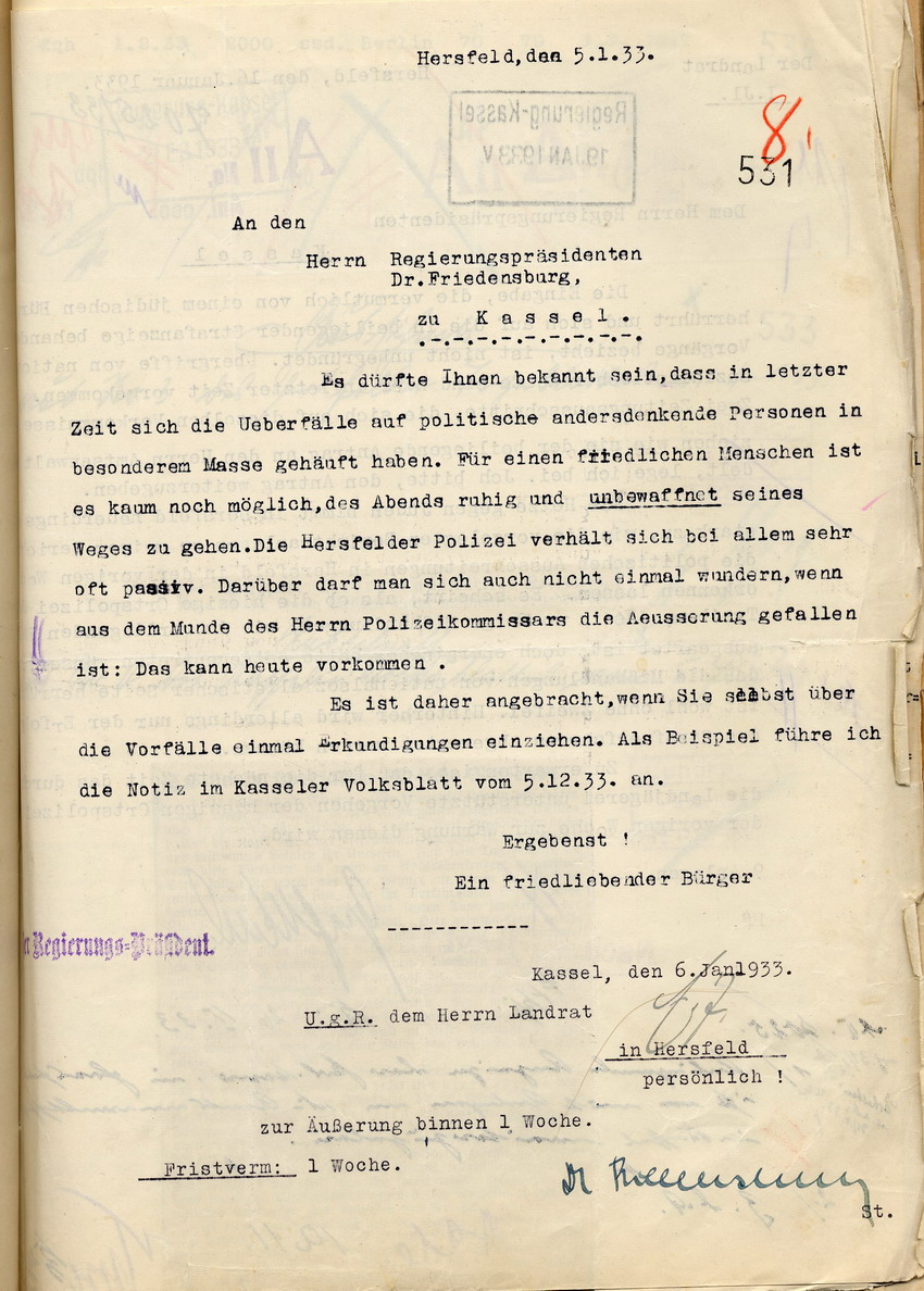Beschwerde eines Bürgers Bild zum Dokument Beschwerde eines Hersfelder Bürgers über zunehmende Übergriffe
