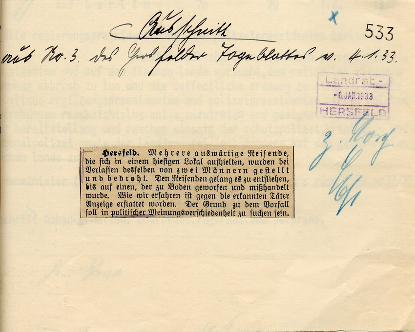Hersfelder Tageblatt Nr. 3 Bild zum Dokument Zeitungsartikel aus dem Hersfelder Tageblatt über einen Überfa