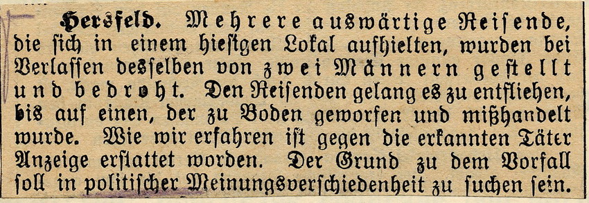 Ausschnitt Hersfelder Tageblatt Nr. 3 Bild zum Dokument Zeitungsartikel aus dem Hersfelder Tageblatt über einen Überfa