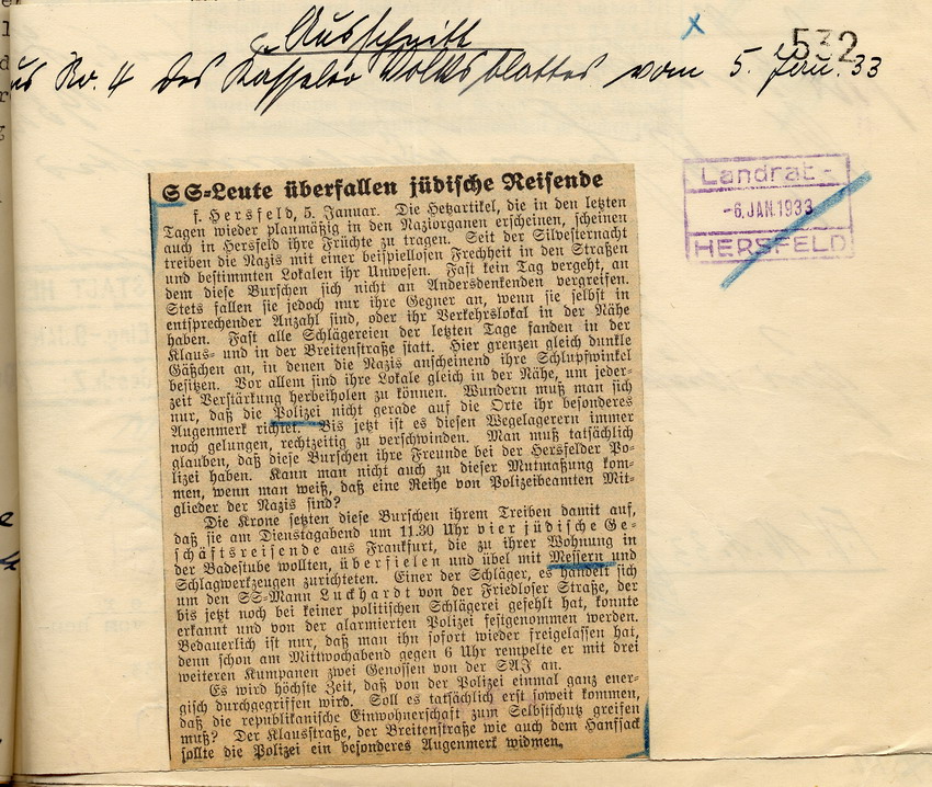 Kasseler Volksblatt Nr. 4 Bild zum Dokument Zeitungsartikel aus dem Kasseler Volksblatt "SS-Leute überfall