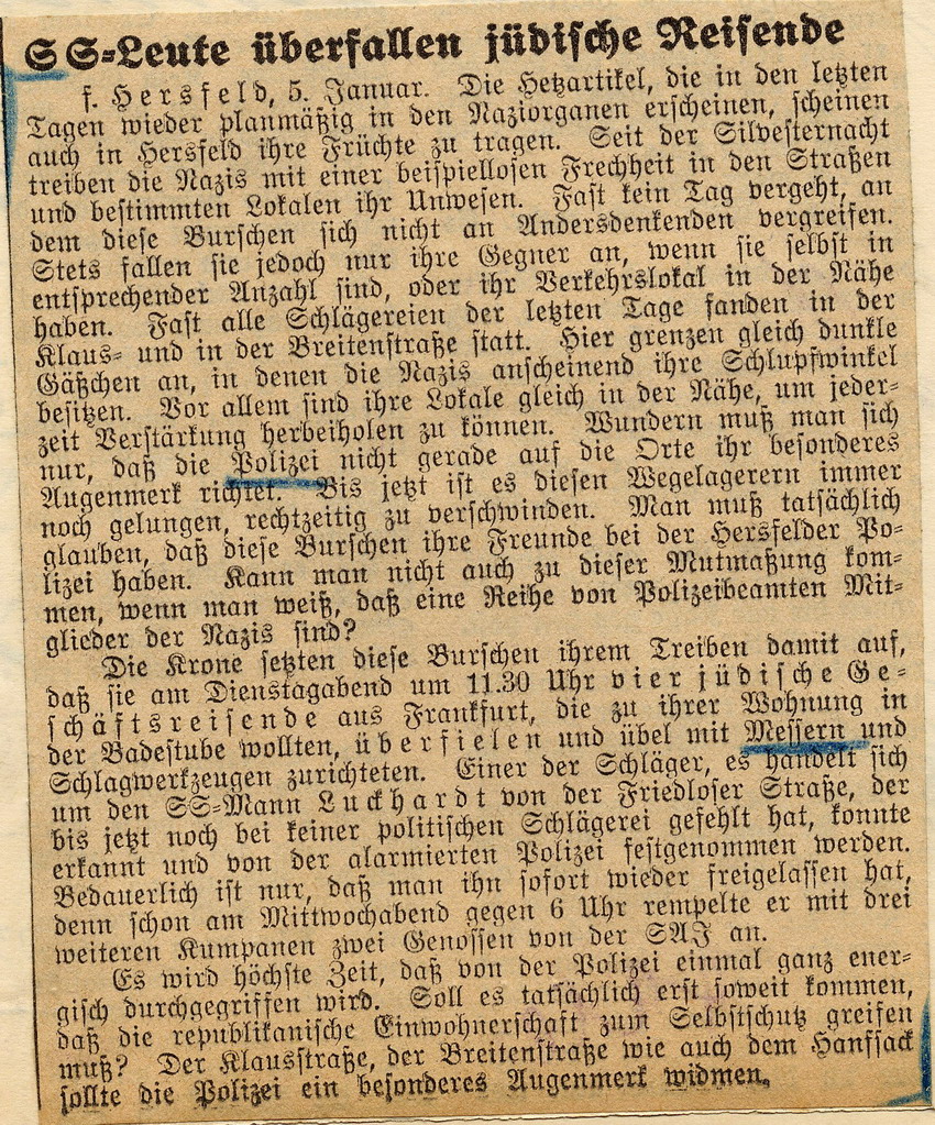 Ausschnitt Kasseler Volksblatt Nr. 4 Bild zum Dokument Zeitungsartikel aus dem Kasseler Volksblatt "SS-Leute überfall