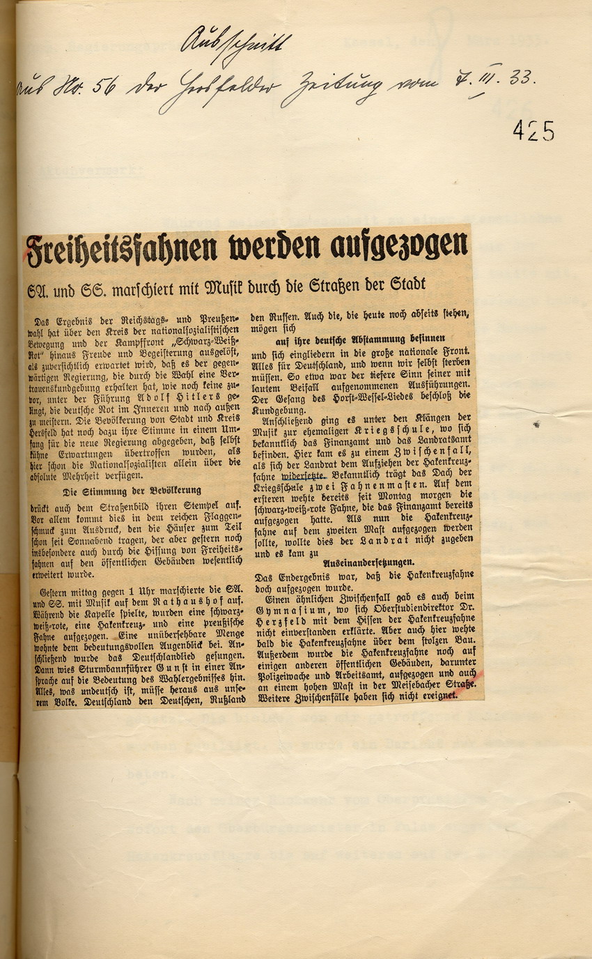 Hersfelder Zeitung Nr. 56 Bild zum Dokument Zeitungsartikel der Hersfelder Zeitung "Freiheitsfahnen werden