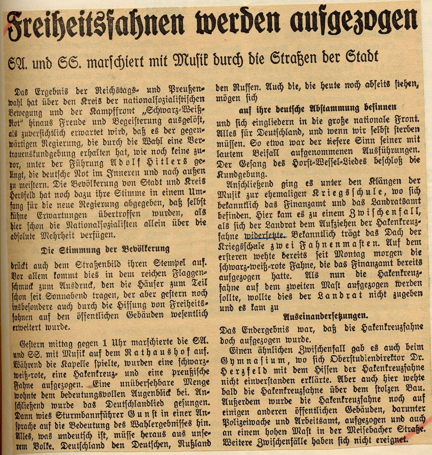 Ausschnitt Hersfelder Zeitung Nr. 56 Bild zum Dokument Zeitungsartikel der Hersfelder Zeitung "Freiheitsfahnen werden