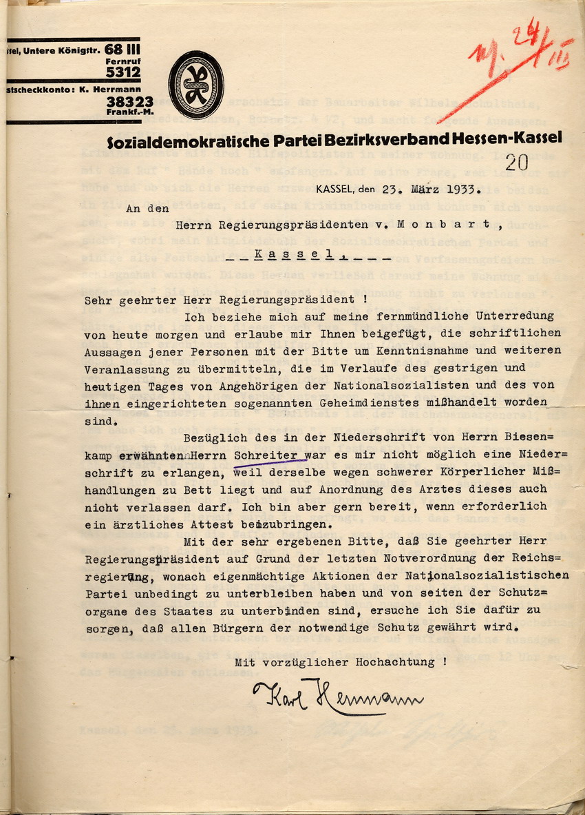 Schreiben Karl Herrmann Bild zum Dokument Schreiben der SPD über Misshandlungen von Parteimitgliedern du
