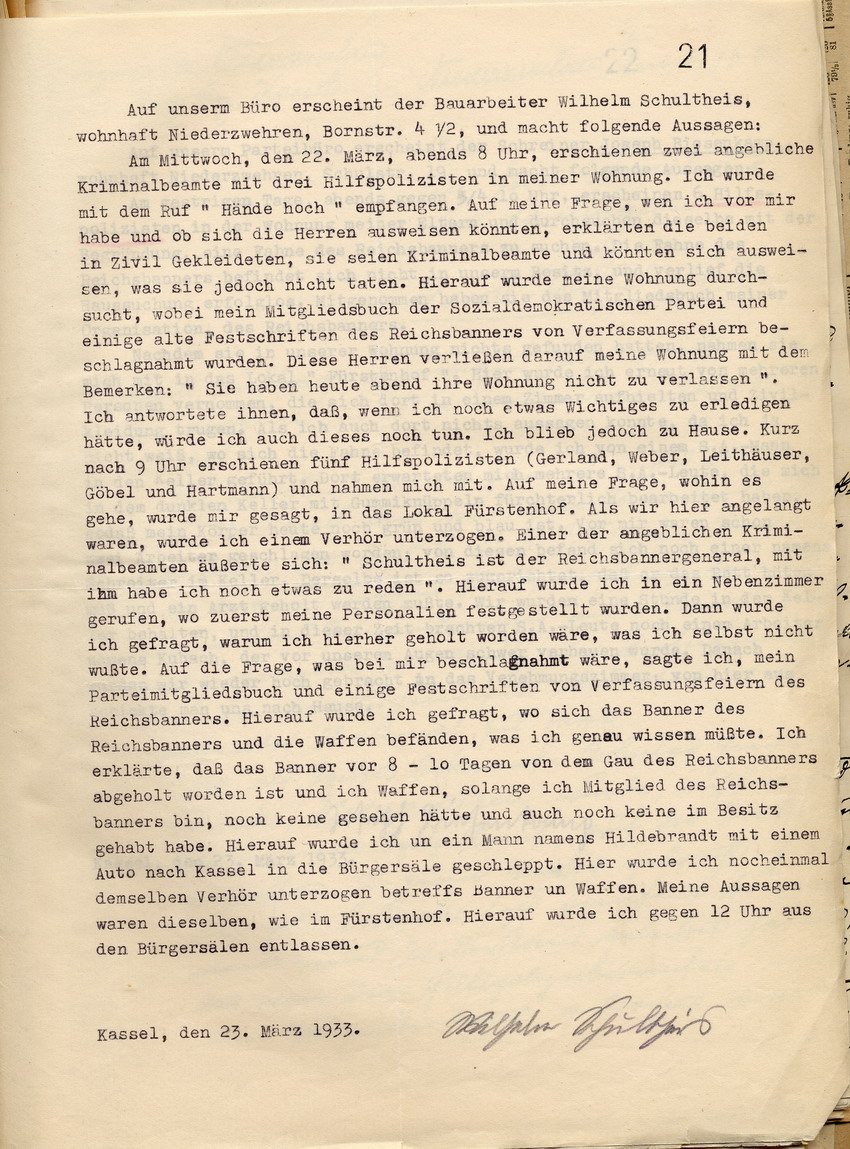 Aussage Wilhelm Schultheis Bild zum Dokument Aussage des Sozialdemokraten Wilhelm Schultheis über Hausdurch