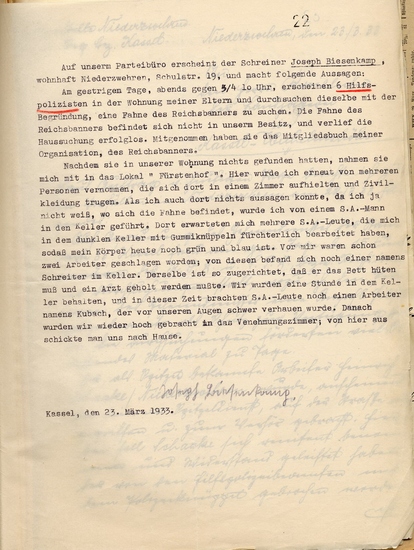 Aussage Joseph Biesenkamp Bild zum Dokument Aussage des Sozialdemokraten Joseph Biesenkamp über Hausdurchs