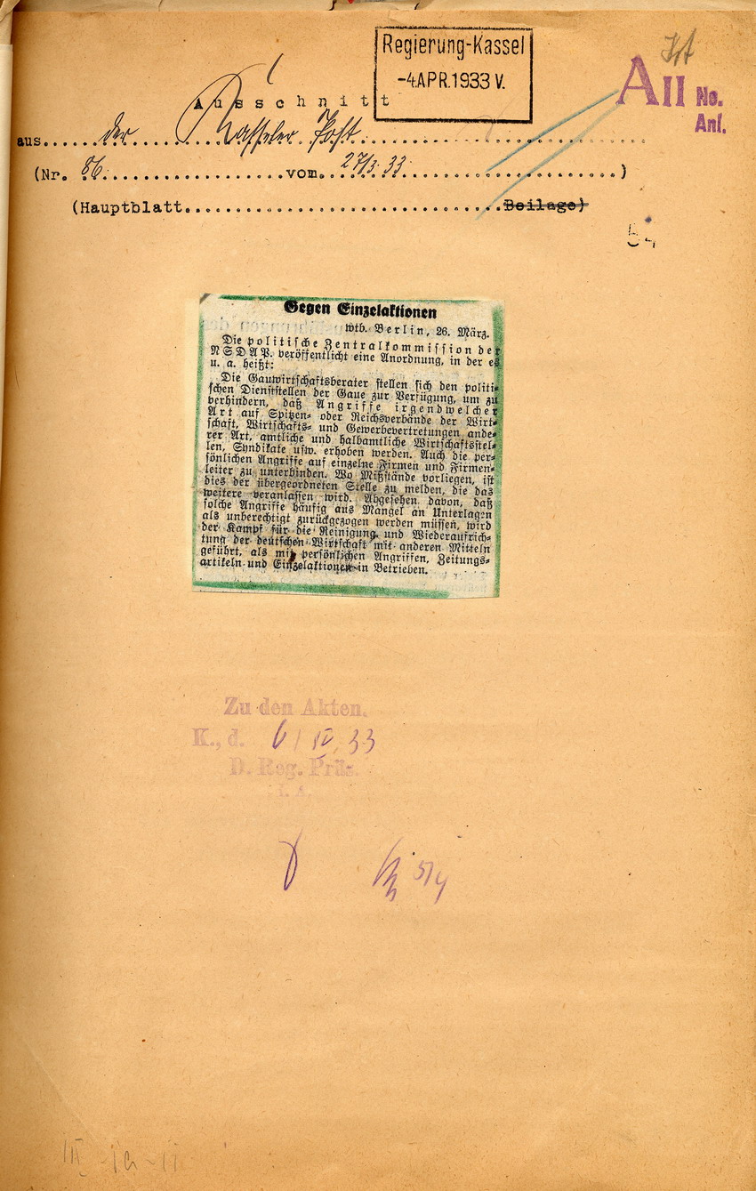 Kasseler Post Nr. 86 Bild zum Dokument Zeitungartikel aus der Kasseler Post "Gegen Einzelaktionen", K