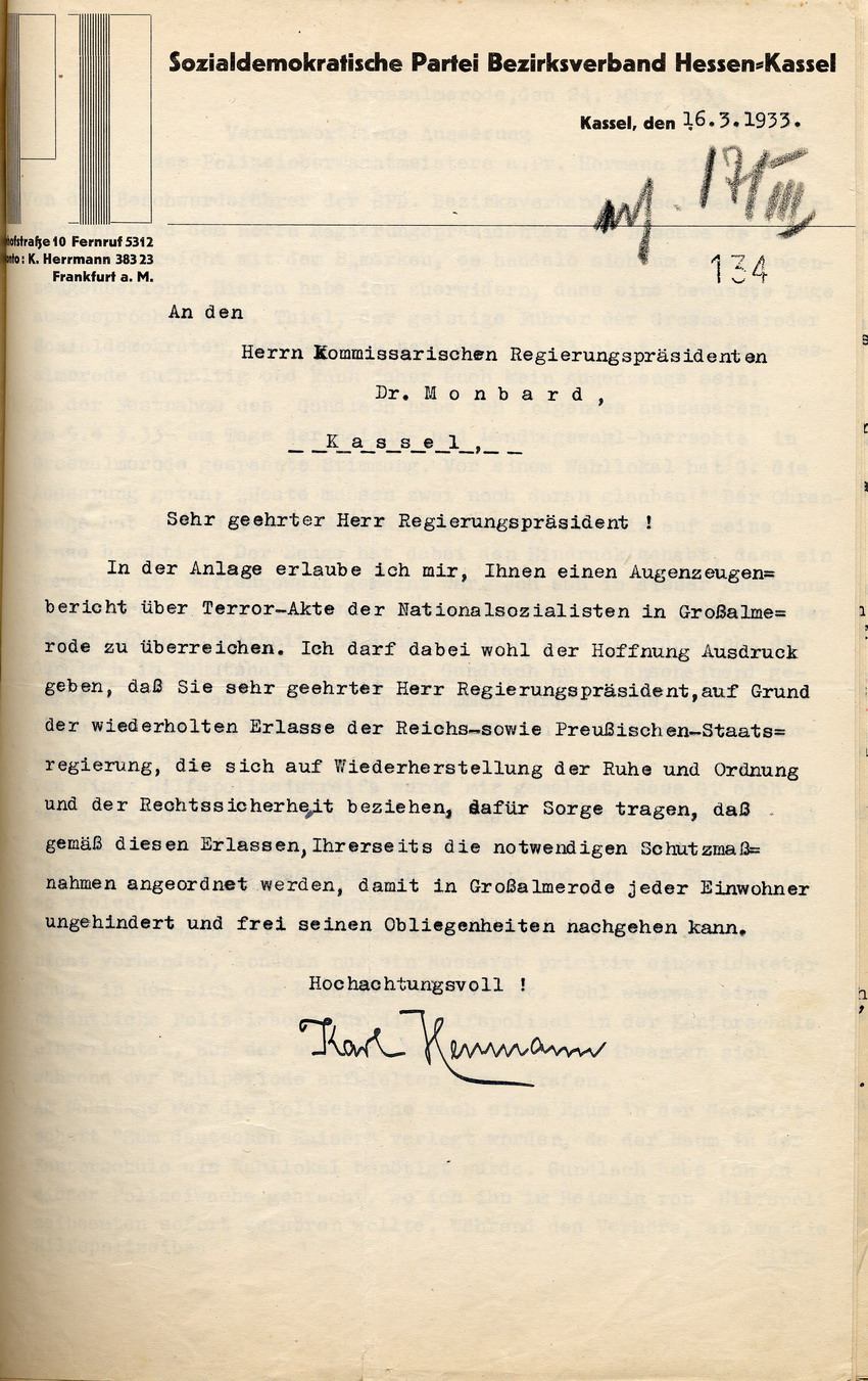 Anschreiben Karl Herrmann Bild zum Dokument Beschwerde Karl Thiels über Terrorakte der Nationalsozialisten