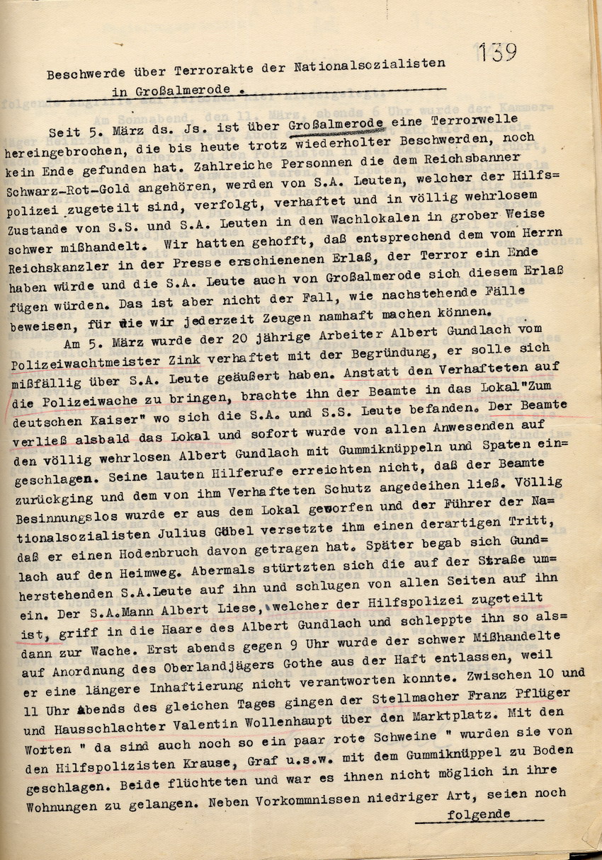Bericht Karl Thiel (1) Bild zum Dokument Beschwerde Karl Thiels über Terrorakte der Nationalsozialisten