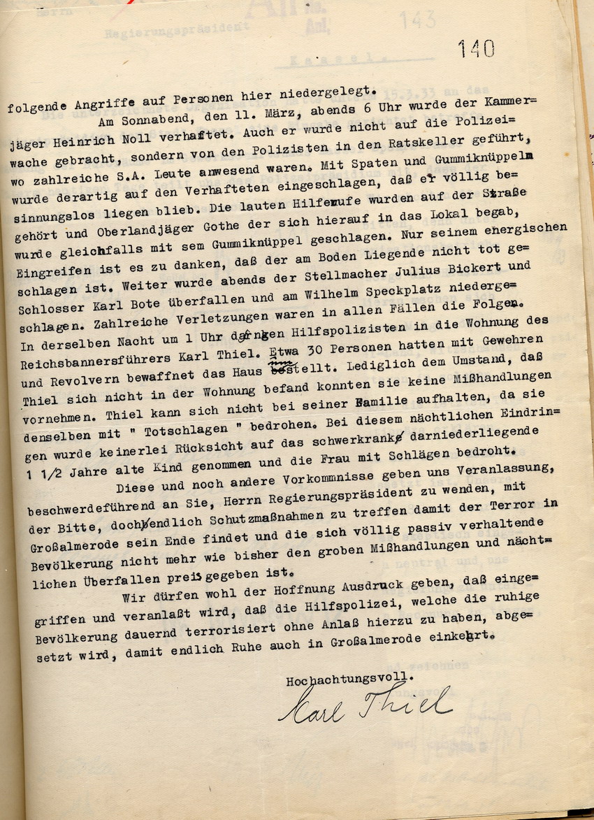 Bericht Karl Thiel (2) Bild zum Dokument Beschwerde Karl Thiels über Terrorakte der Nationalsozialisten