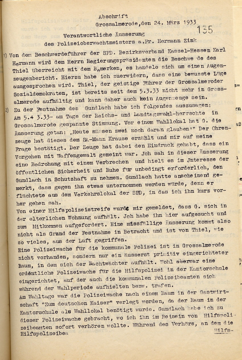 Stellungnahme Zink (1) Bild zum Dokument Stellungnahme des Polizeioberwachtmeisters Zink zu der Beschwe