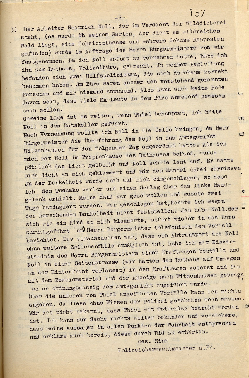 Stellungnahme Zink (3) Bild zum Dokument Stellungnahme des Polizeioberwachtmeisters Zink zu der Beschwe