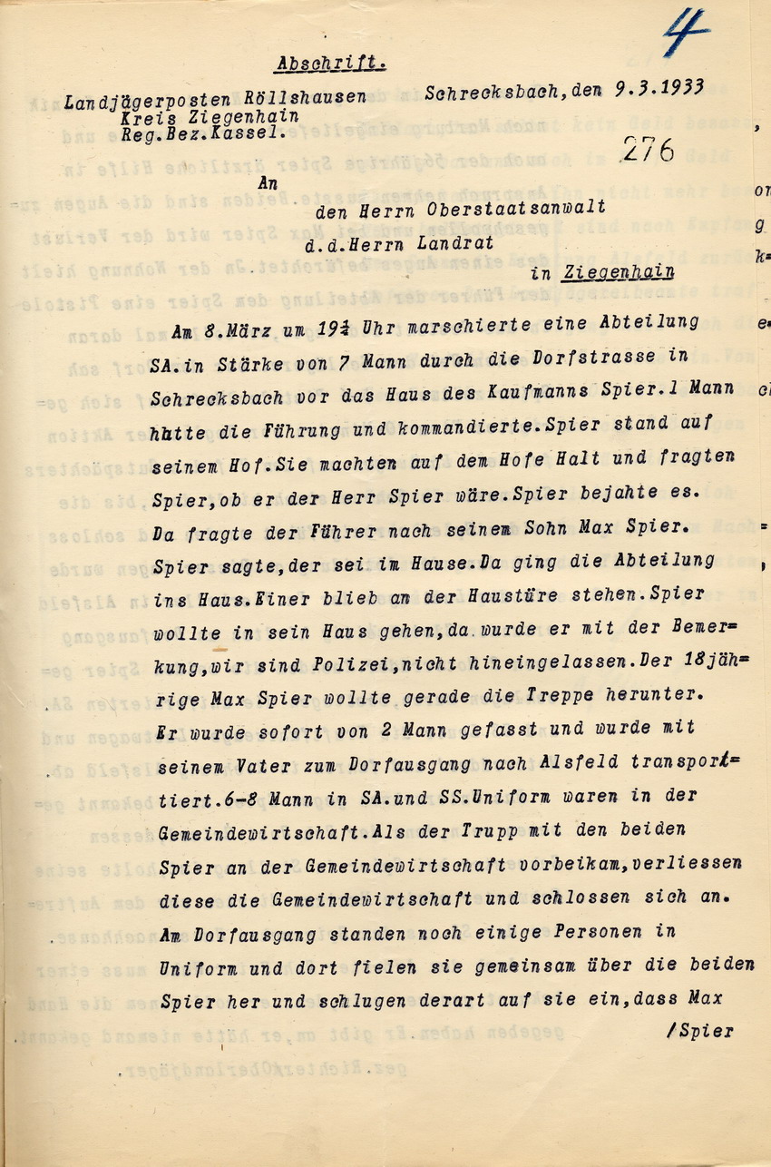 Bericht (1) Bild zum Dokument Bericht des Oberlandjägers Richter über die Misshandlung von z